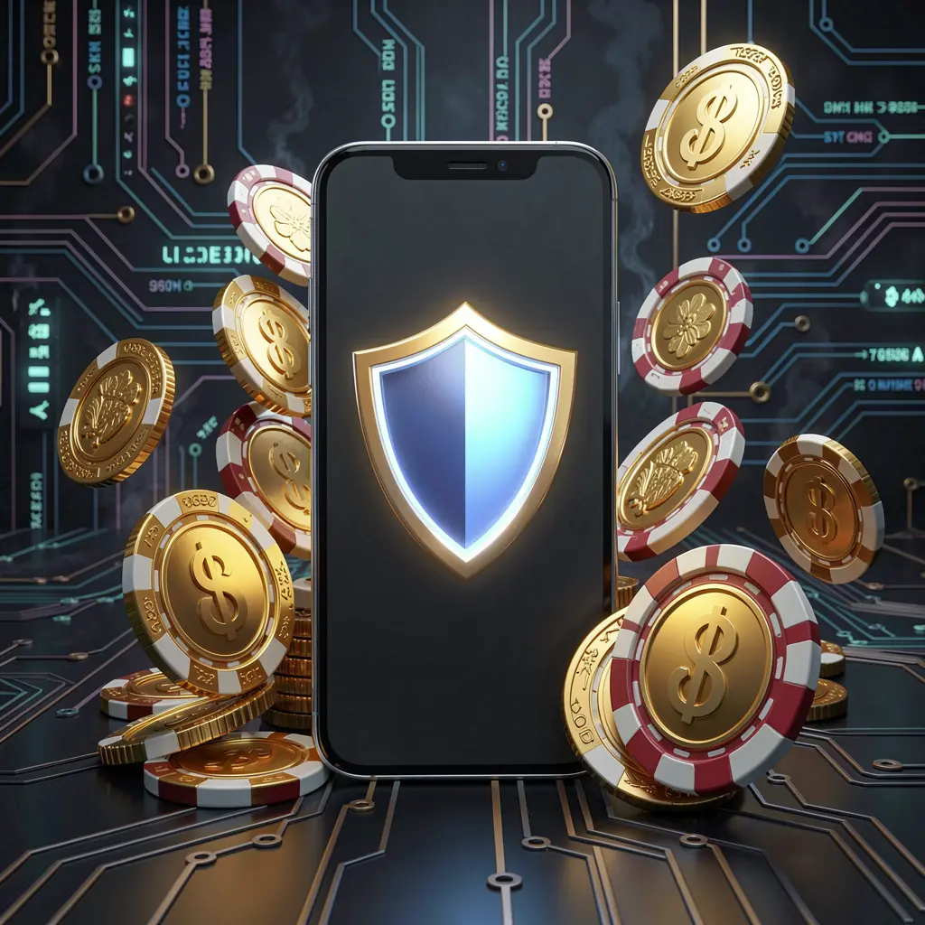 Konsep aplikasi kasino seluler aman LDN11 yang menampilkan smartphone dengan ikon perisai bercahaya, dikelilingi koin dan chip emas dengan latar belakang siber mewah yang gelap