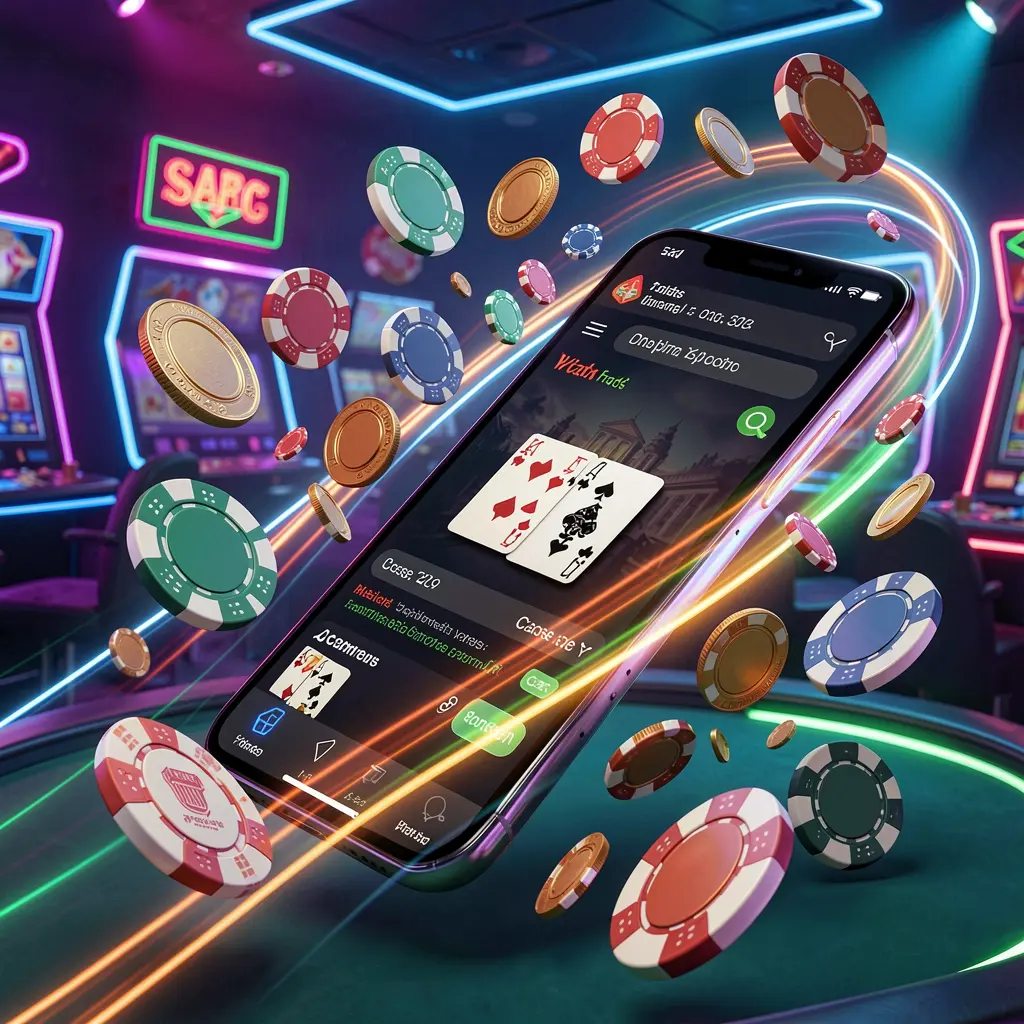 Smartphone yang menampilkan aplikasi kasino cepat LDN11 dengan jejak cahaya kecepatan dinamis, koin dan chip beterbangan di sekelilingnya dengan latar belakang kasino neon modern dalam render 3D yang hidup