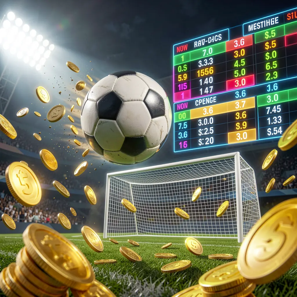 Visual taruhan pertandingan premium LDN11 dengan bola sepak melesat menuju gawang di stadion yang diterangi lampu sorot, menampilkan antarmuka peluang bercahaya dan koin emas yang menciptakan suasana taruhan olahraga yang dinamis