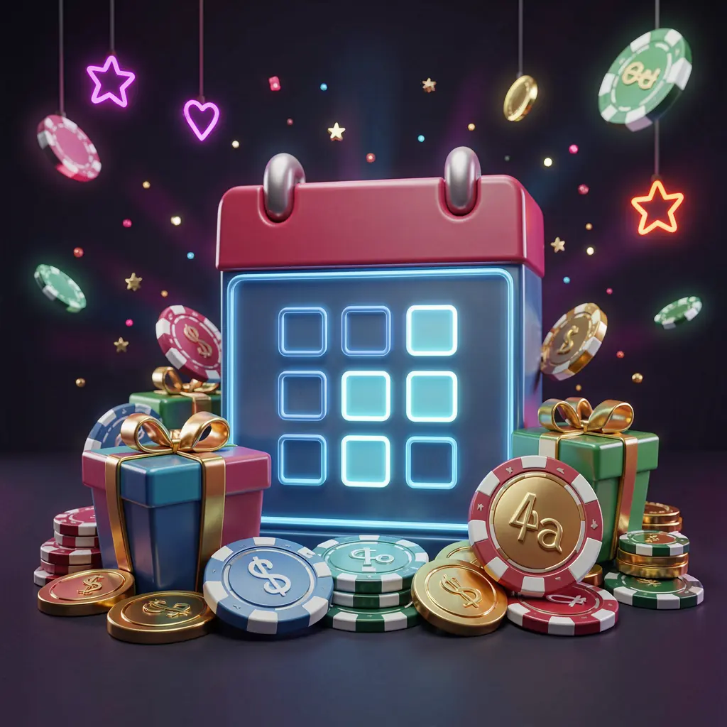 Konsep bonus kasino mingguan LDN11 yang menampilkan ikon kalender, kotak hadiah, koin, dan chip dengan latar belakang gelap meriah serta cahaya neon dalam gaya 3D premium Konsep bonus kasino mingguan LDN11 yang menampilkan ikon kalender, kotak hadiah, koin, dan chip dengan latar belakang gelap meriah serta cahaya neon dalam gaya 3D premium