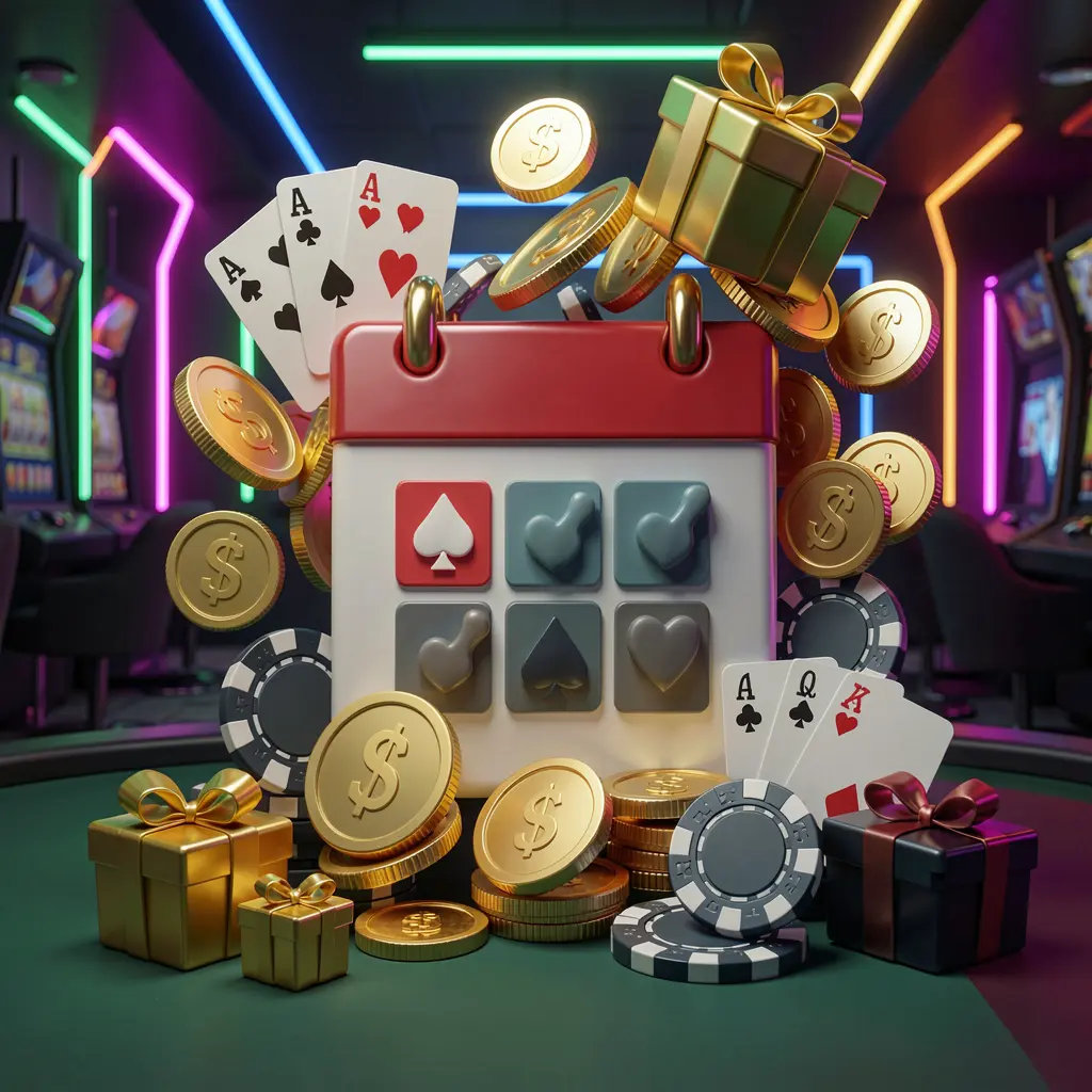Konsep bonus kasino online mingguan LDN11 yang menampilkan ikon kalender dikelilingi koin emas, kotak hadiah, chip poker, dan kartu remi dalam suasana kasino meriah dengan latar belakang modern gelap dan lampu neon Konsep bonus kasino online mingguan LDN11 yang menampilkan ikon kalender dikelilingi koin emas, kotak hadiah, chip poker, dan kartu remi dalam suasana kasino meriah dengan latar belakang modern gelap dan lampu neon