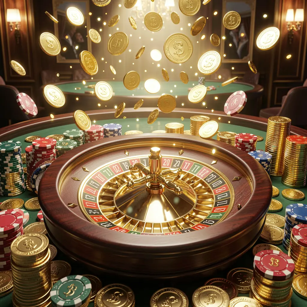Adegan jackpot kasino LDN11 yang menampilkan koin emas, chip poker, dan roda roulette yang diterangi cahaya terang bercahaya dalam suasana perayaan mewah Adegan jackpot kasino LDN11 yang menampilkan koin emas, chip poker, dan roda roulette yang diterangi cahaya terang bercahaya dalam suasana perayaan mewah