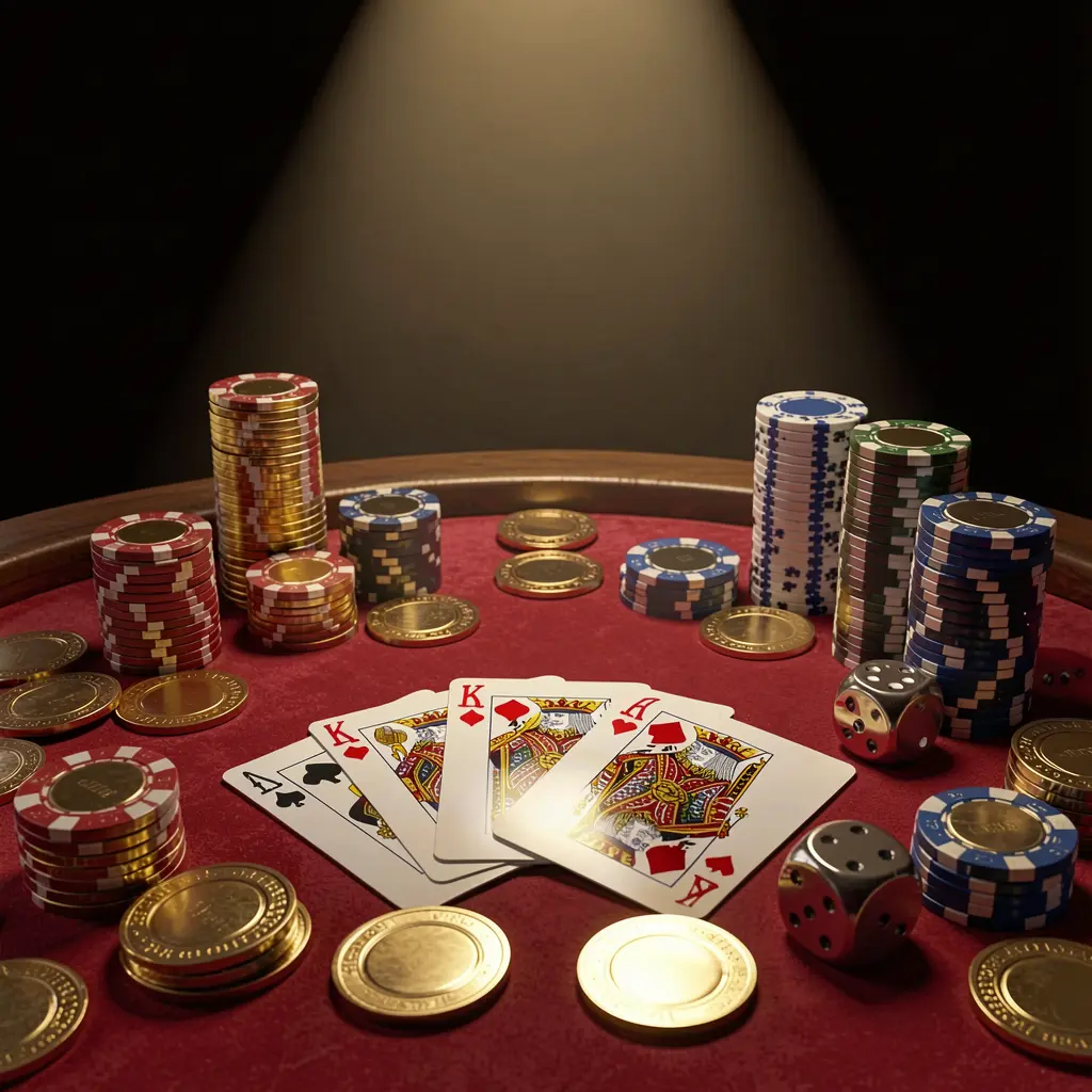 Meja kasino LDN11 yang menampilkan kombinasi royal flush dengan chip poker, koin emas, dan dadu di atas latar belakang mewah hitam dan merah di bawah sorotan dramatis dalam render 3D realistis Meja kasino LDN11 yang menampilkan kombinasi royal flush dengan chip poker, koin emas, dan dadu di atas latar belakang mewah hitam dan merah di bawah sorotan dramatis dalam render 3D realistis