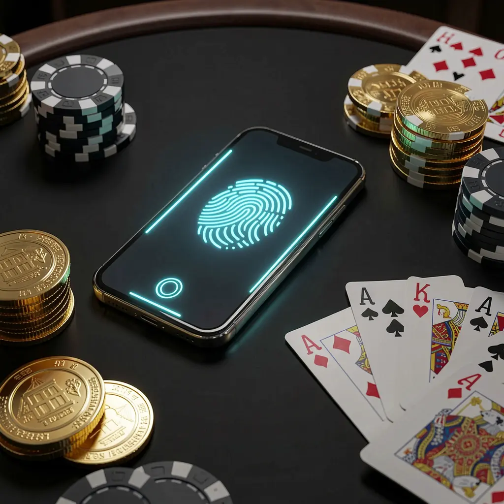 Konsep autentikasi kasino online LDN11 yang menampilkan ponsel dengan cahaya pemindaian sidik jari di atas meja hitam premium, dikelilingi chip poker, koin emas, dan kartu remi dalam render 3D sinematik Konsep autentikasi kasino online LDN11 yang menampilkan ponsel dengan cahaya pemindaian sidik jari di atas meja hitam premium, dikelilingi chip poker, koin emas, dan kartu remi dalam render 3D sinematik