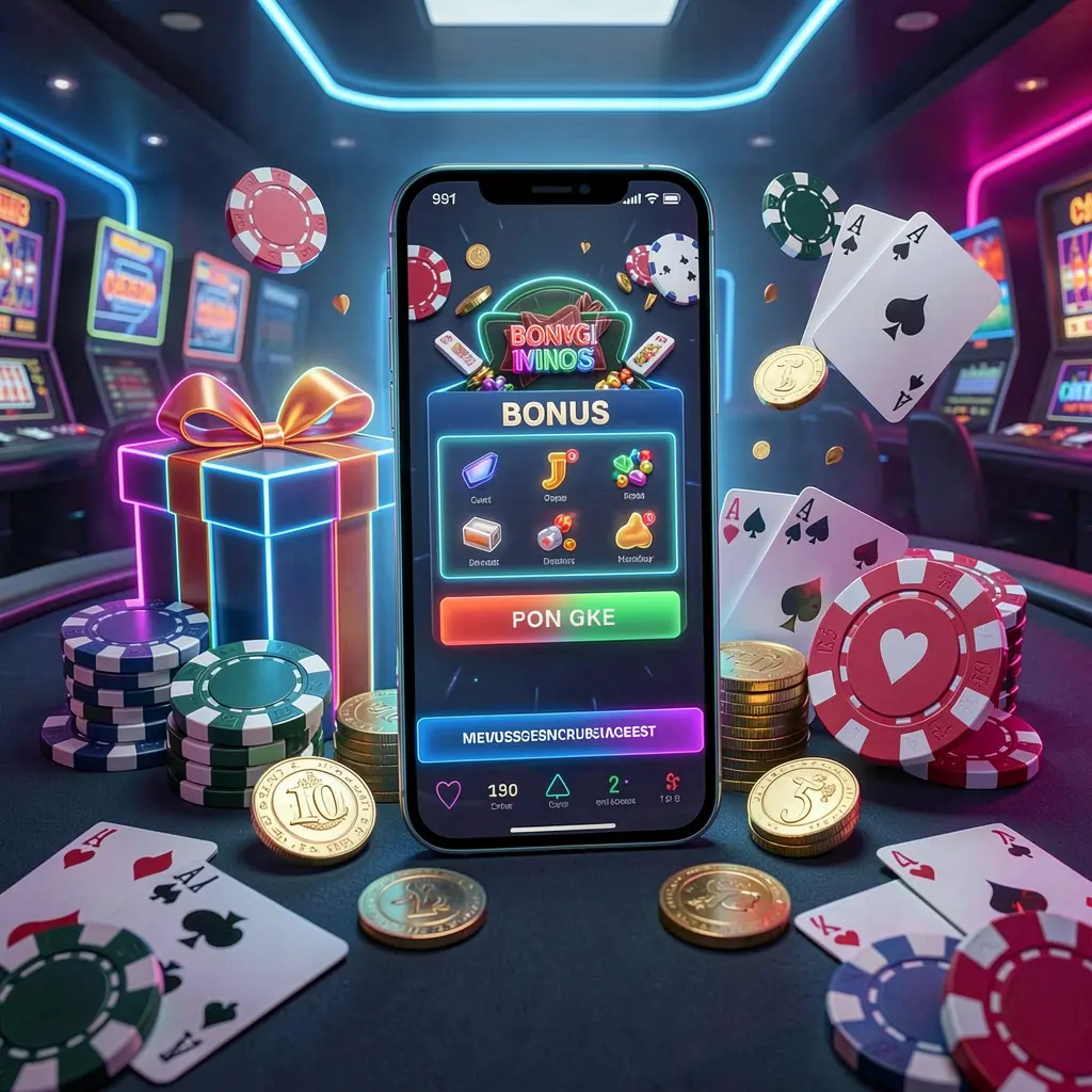 Adegan utama situs web kasino modern yang menampilkan smartphone dengan antarmuka bercahaya, dikelilingi kotak hadiah bonus, chip, koin, dan kartu remi dalam gaya kasino neon premium, menampilkan merek LDN11